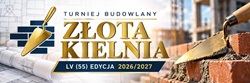 To obraz przedstawiający baner promujący Turniej Budowlany „Złota Kielnia” – LV (55.) edycję 2026/2027. Centralnym elementem jest duży, złoty napis „ZŁOTA KIELNIA”. Nad nim znajduje się napis „TURNIEJ BUDOWLANY”. Pod tytułem umieszczono granatowy pas z informacją „LV (55) EDYCJA 2026/2027”. Po lewej stronie widoczna jest złota kielnia na tle stylizowanej ceglanej ściany. Po prawej stronie znajduje się kielnia murarska oraz świeżo układane cegły z zaprawą, co podkreśla budowlany charakter wydarzenia. W tle po lewej stronie widoczne są projekty i rysunki techniczne, natomiast po prawej – fragment placu budowy.