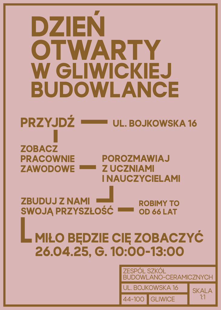 plakat na dzień otwarty w gliwickiej budowlance 26.04.25 g. 10:00-13:00