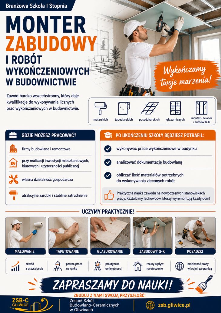 Plakat promuje kierunek monter zabudowy i robót wykończeniowych w budownictwie w Branżowej Szkole I Stopnia. Przedstawia naukę praktycznych umiejętności związanych z pracami wykończeniowymi, takimi jak malowanie, tapetowanie, glazurowanie, wykonywanie posadzek oraz montaż zabudowy i sufitów G-K. Podkreśla możliwość zdobycia konkretnego zawodu, stabilnego zatrudnienia i pracy w branży budowlanej w kraju i za granicą.