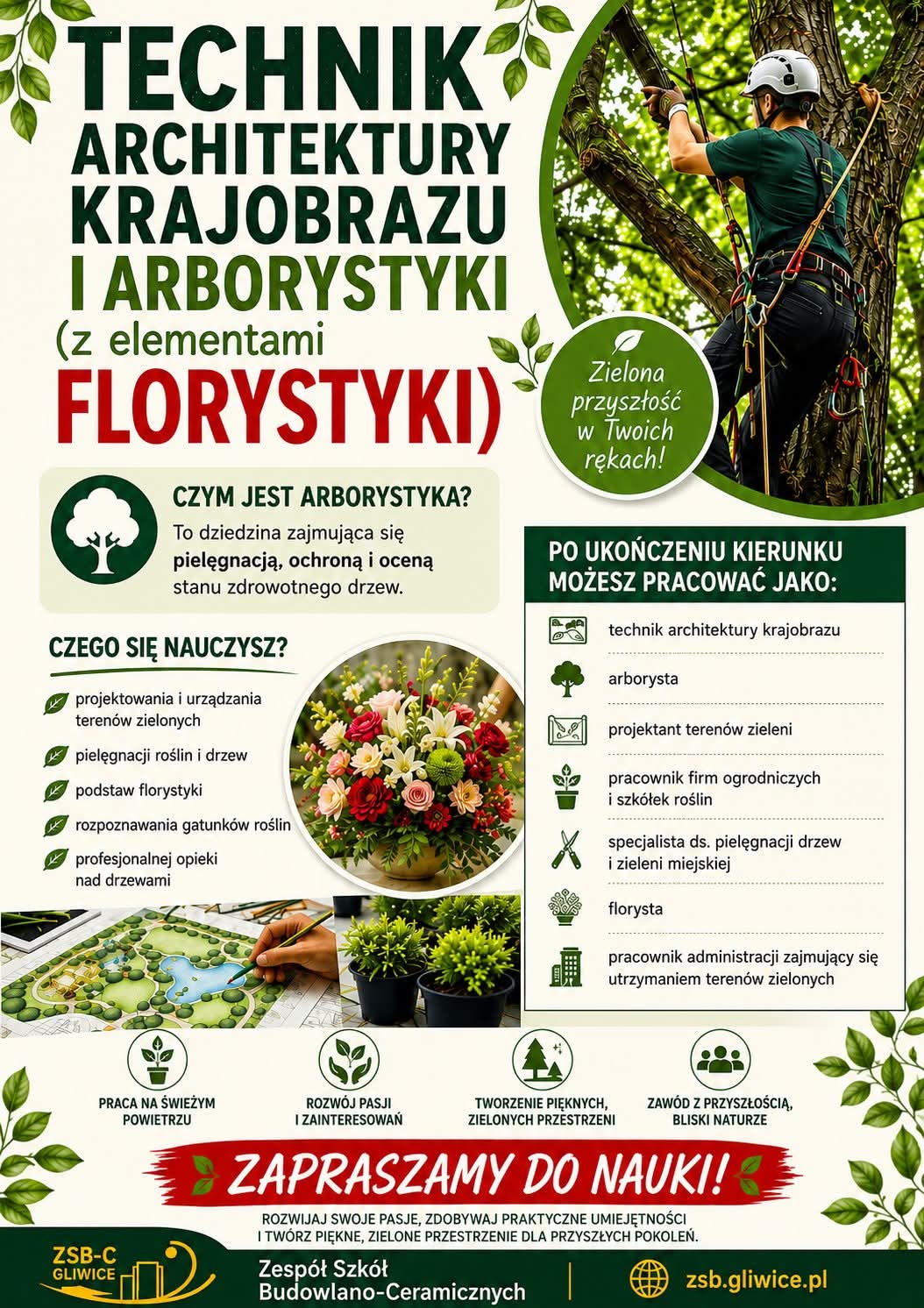 Plakat promuje kierunek technik architektury krajobrazu i arborystyki (z elementami florystyki). Przedstawia możliwości nauki projektowania terenów zielonych, pielęgnacji roślin i drzew oraz podstaw florystyki. Podkreśla także perspektywy zawodowe – od arborysty i florysty po specjalistę ds. zieleni miejskiej – zachęcając do wyboru zawodu bliskiego naturze i nowoczesnemu kształtowaniu przestrzeni.