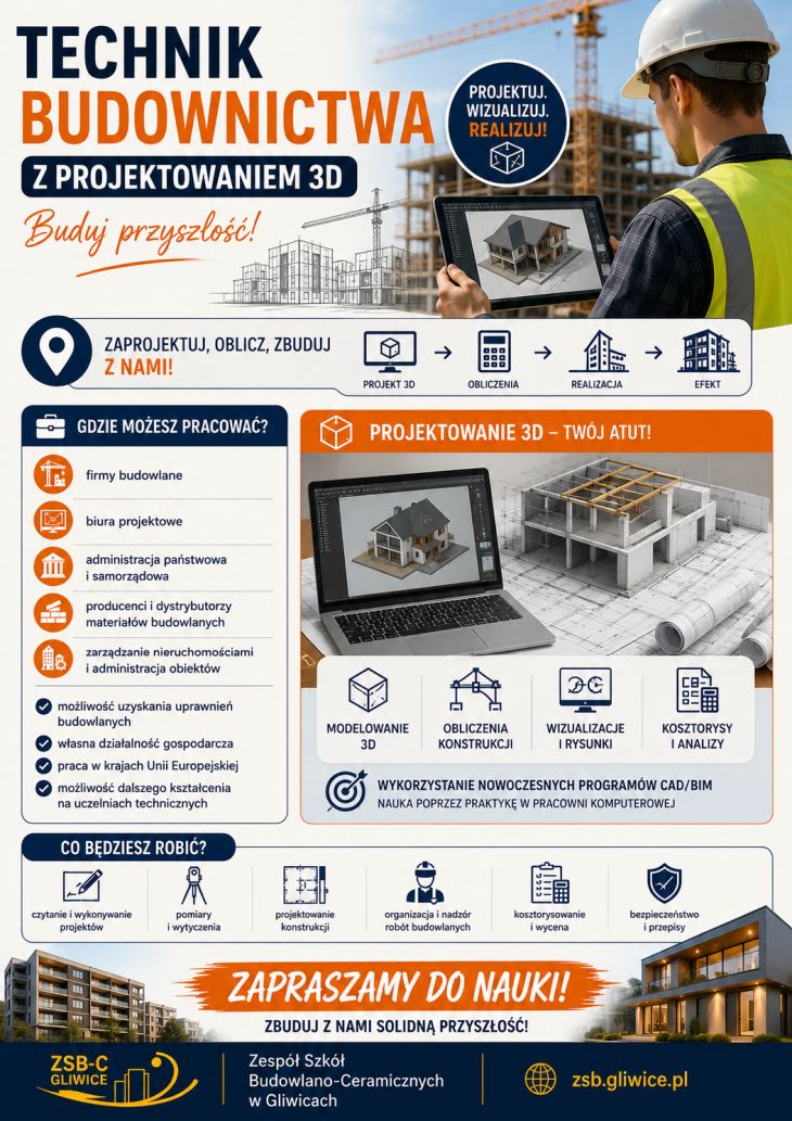 Plakat promuje kierunek technik budownictwa z projektowaniem 3D, łączący wiedzę budowlaną z nowoczesnym projektowaniem cyfrowym. Przedstawia naukę tworzenia modeli 3D, wykonywania obliczeń konstrukcyjnych, kosztorysowania oraz organizacji i nadzoru robót budowlanych. Podkreśla możliwość pracy w branży budowlanej, biurach projektowych i dalszego rozwoju na kierunkach technicznych.